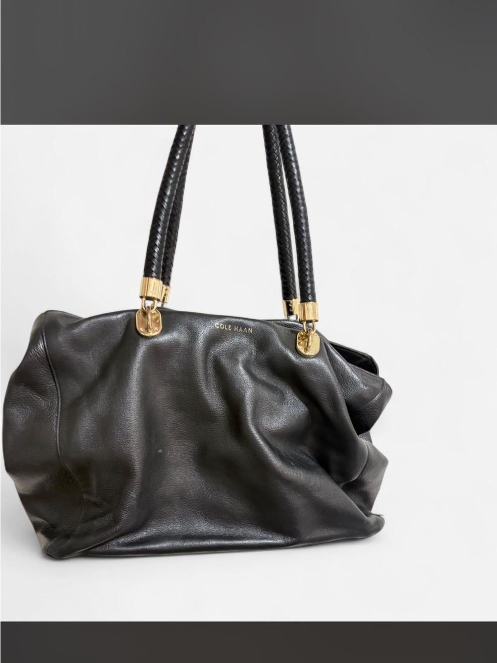 Cole Haan Vintage Black Leather Shoulder Bag w/ braided strap and Gold Hardware